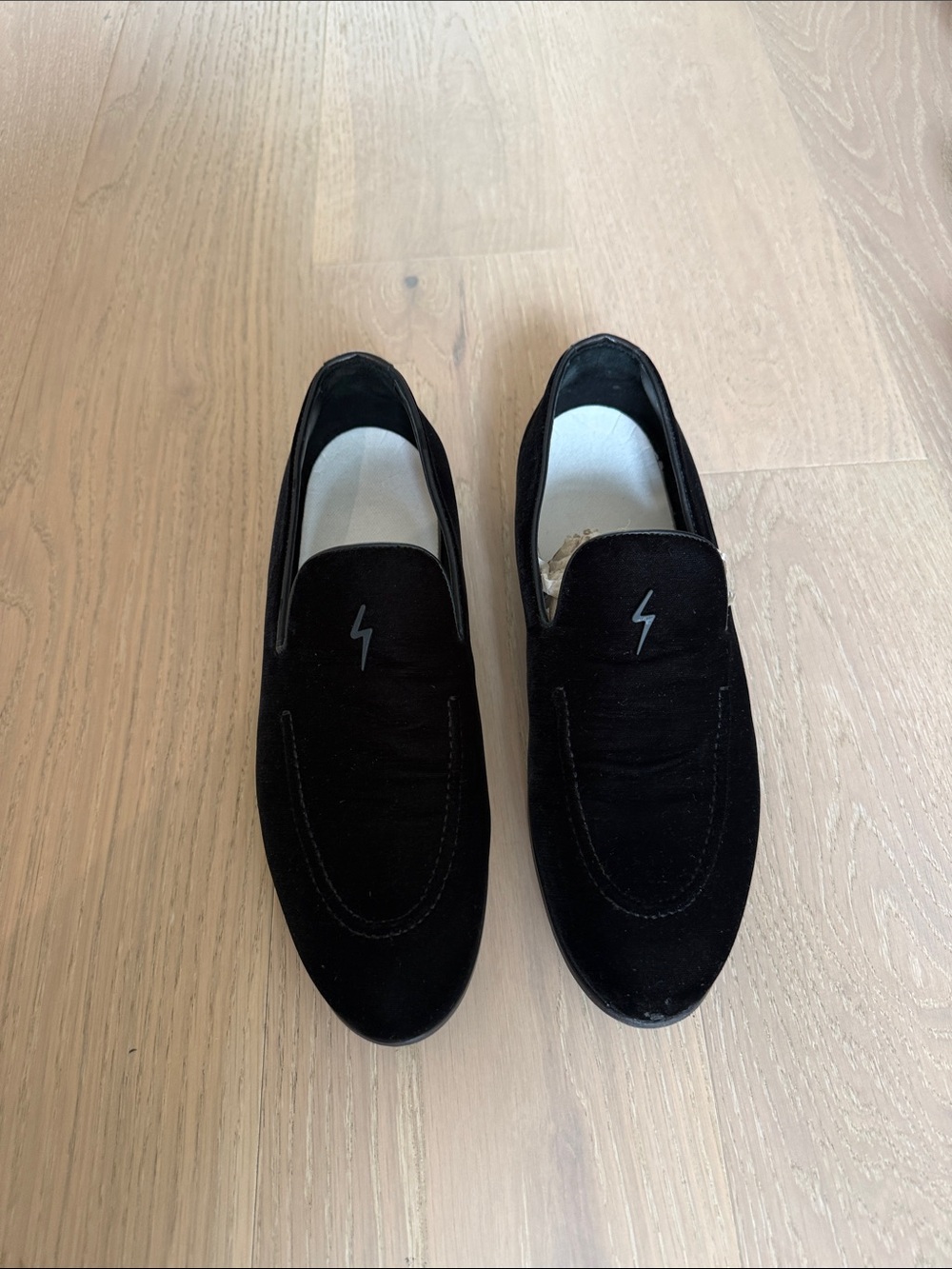 Giuseppe Zanotti Black Velvet Slip-On Loafers with Silver Lightning Emblem